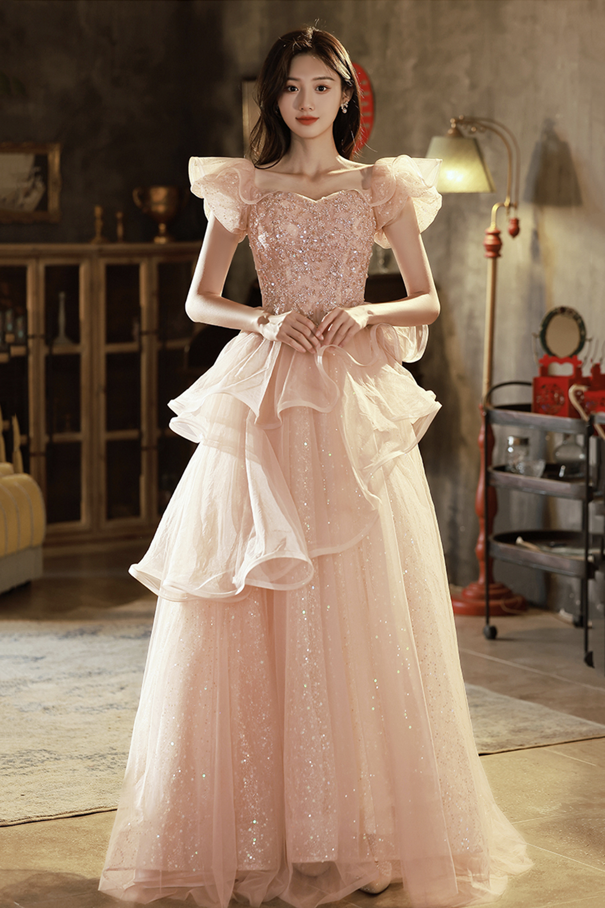 Pink tulle sequins long prom dress A-line evening dress