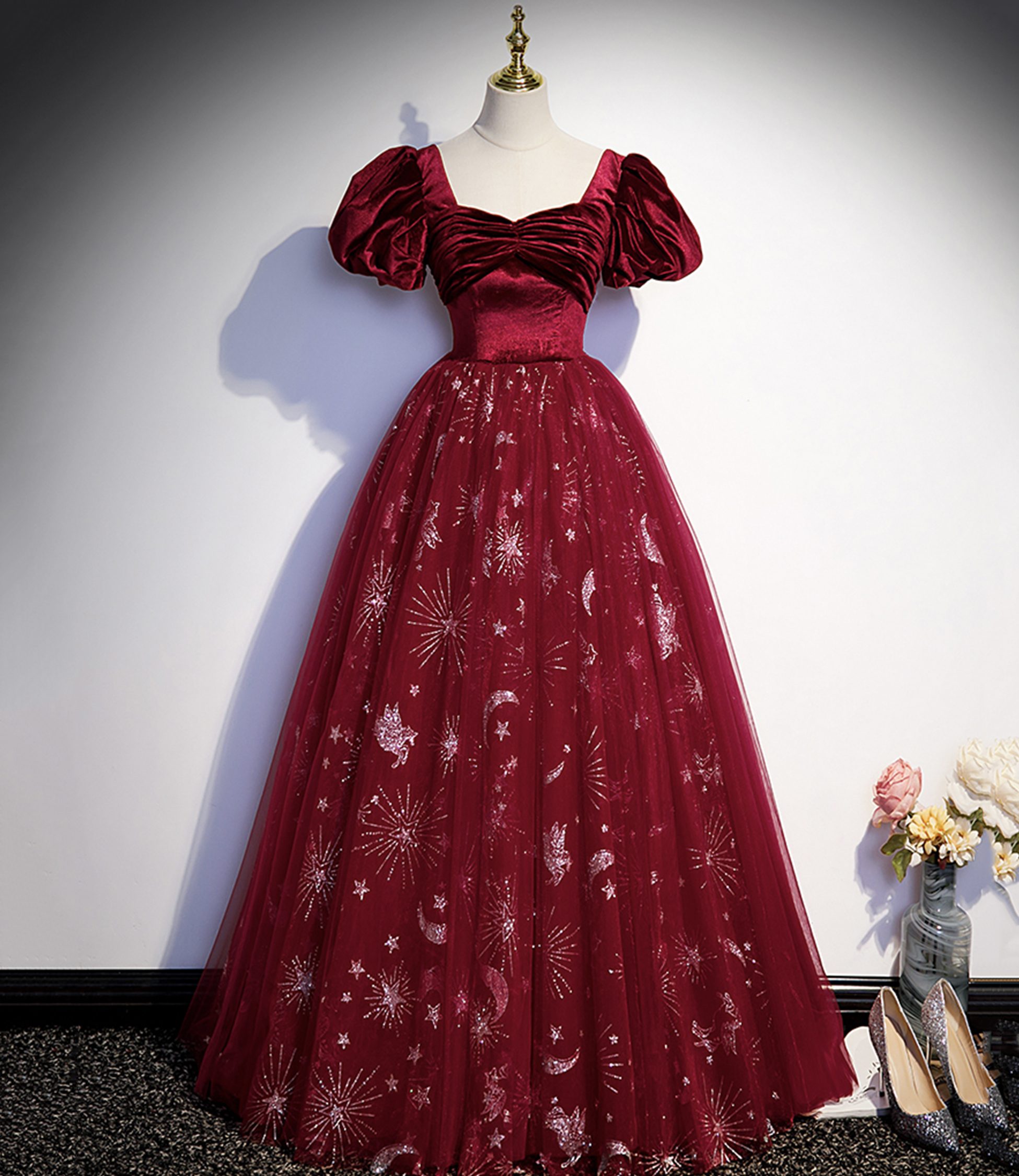 Burgundy velvet tulle long prom dress evening dress