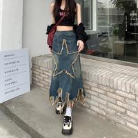 Vintage Star Fringed Ripped Midi Denim Skirt - Thumbnail 2