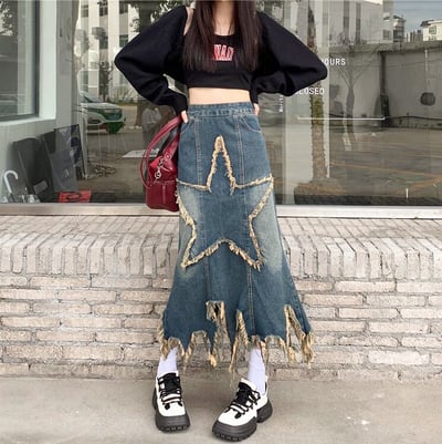 Vintage Star Fringed Ripped Midi Denim Skirt