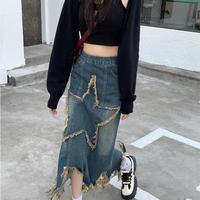 Vintage Star Fringed Ripped Midi Denim Skirt - Thumbnail 4