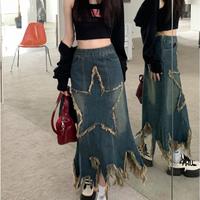 Vintage Star Fringed Ripped Midi Denim Skirt - Thumbnail 1