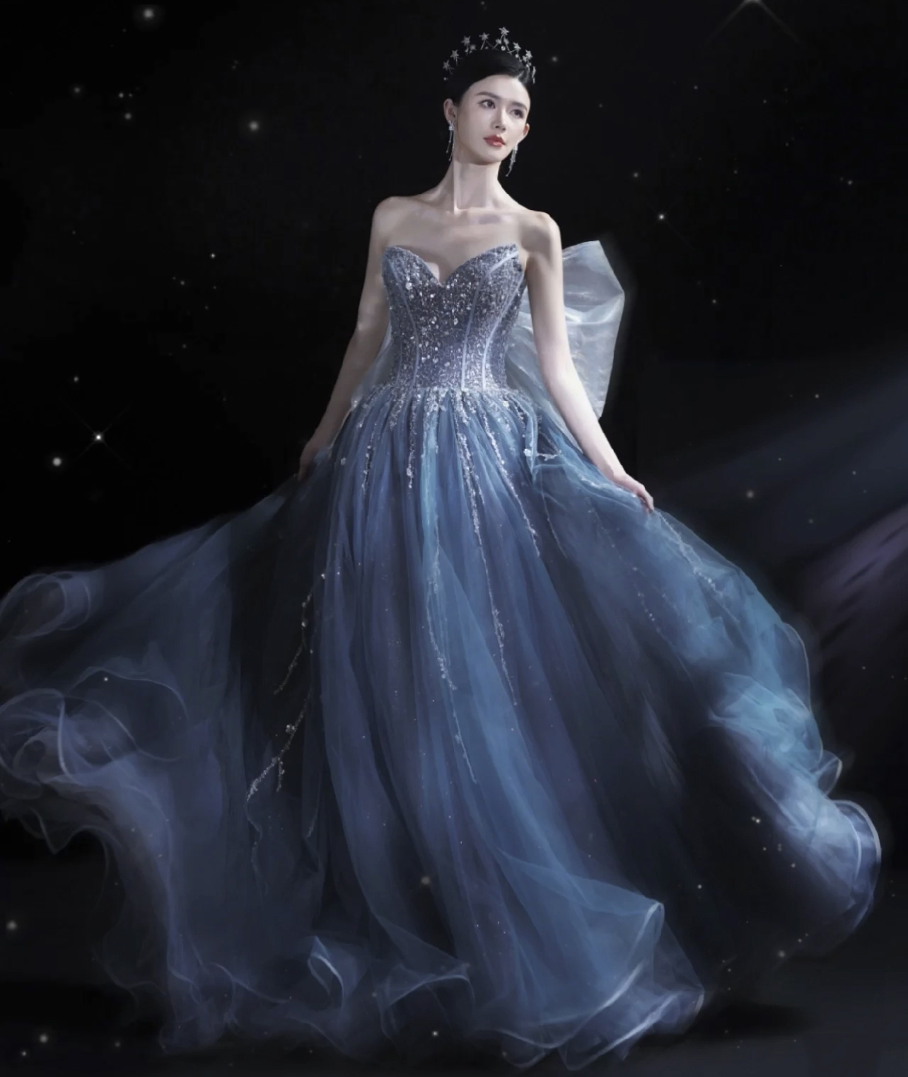 Blue Strapless Tulle Long Ball Gown With Bow