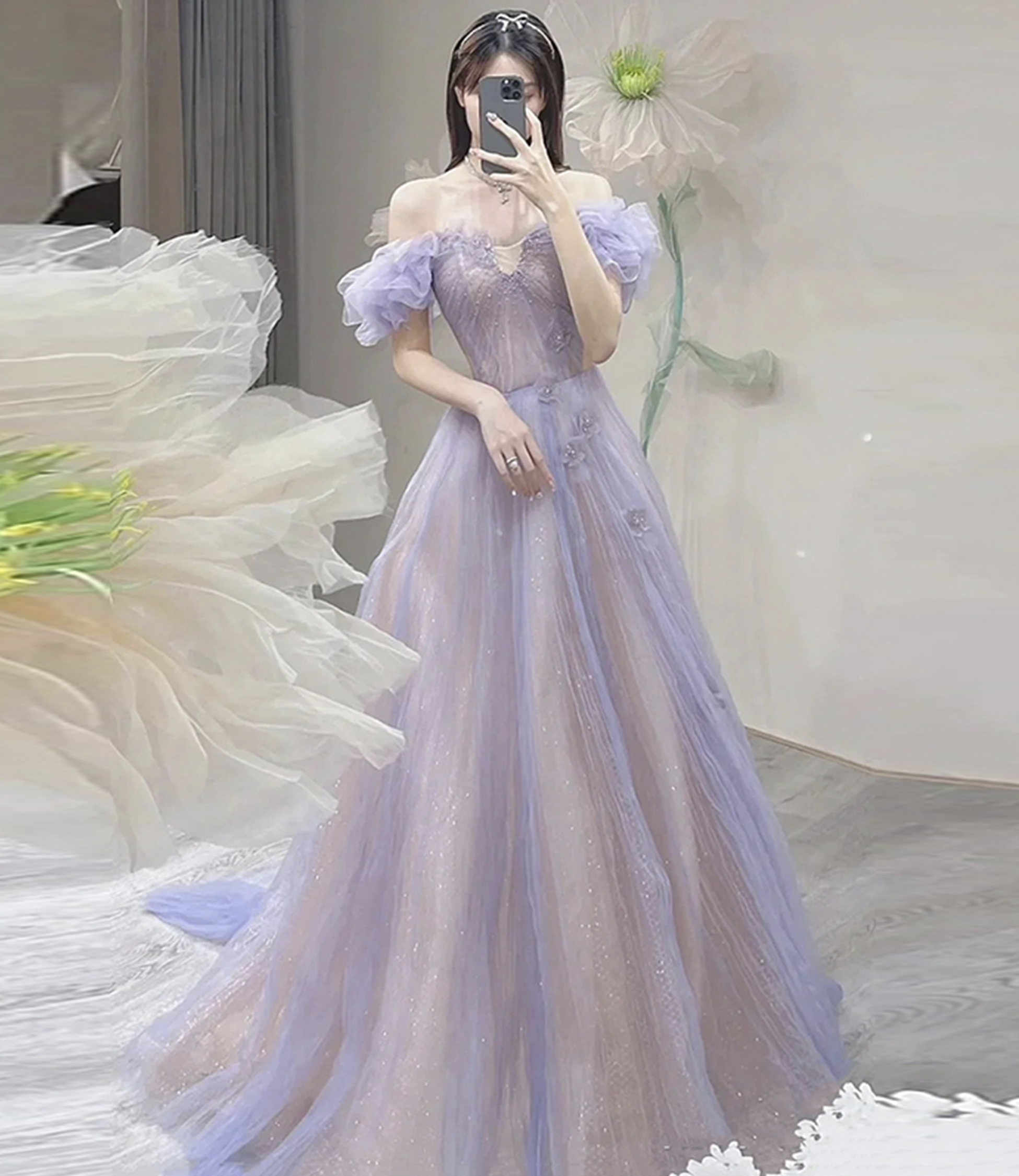 Purple tulle long A-line prom dress evening dress