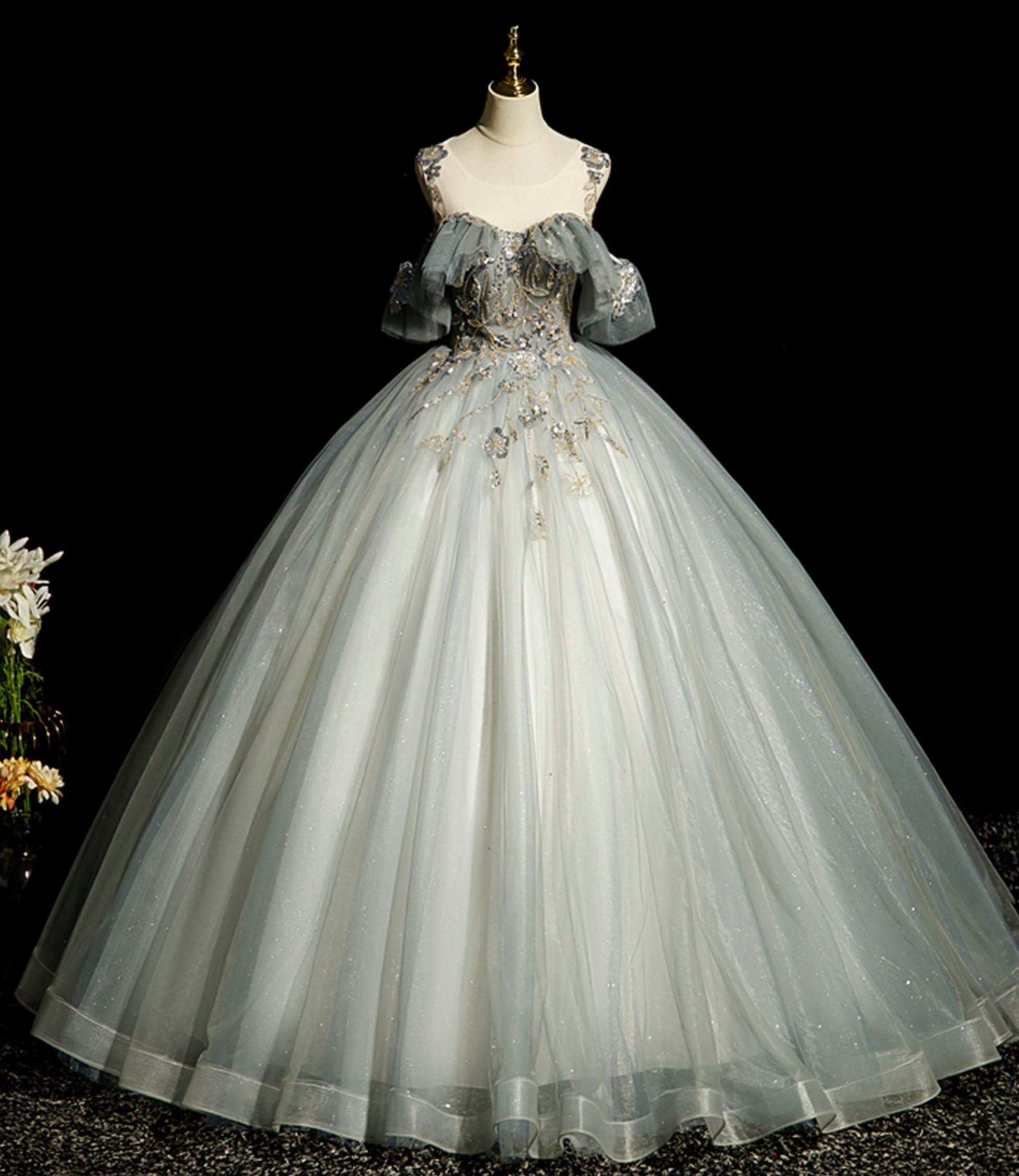 A-line tulle sequins long prom dress formal dress