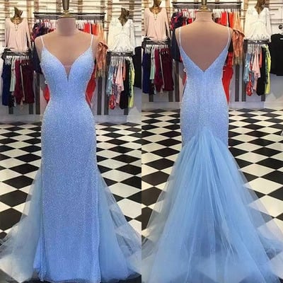 Prom Dresses Mermaid Sky Blue Spaghetti Straps