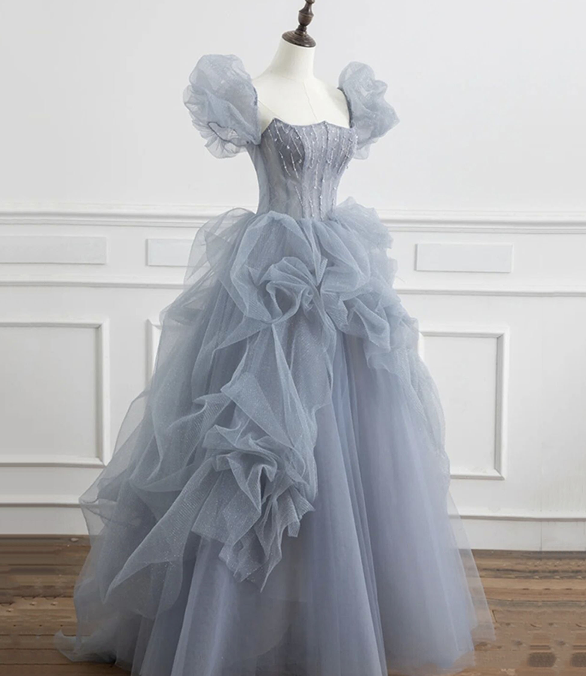 Gray tulle long prom dress A-line evening dress