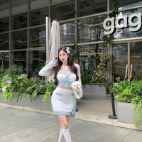 Knit Embroidery Fashion Chic Girl Korean Pastel Baby White Blue Camisole Top Long Sleeve Cardigan Skirt Three Piece Set - Thumbnail 4