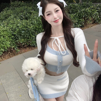 Knit Embroidery Fashion Chic Girl Korean Pastel Baby White Blue Camisole Top Long Sleeve Cardigan Skirt Three Piece Set - Thumbnail 6