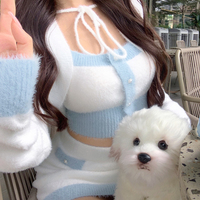 Knit Embroidery Fashion Chic Girl Korean Pastel Baby White Blue Camisole Top Long Sleeve Cardigan Skirt Three Piece Set - Thumbnail 3