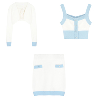 Knit Embroidery Fashion Chic Girl Korean Pastel Baby White Blue Camisole Top Long Sleeve Cardigan Skirt Three Piece Set - Thumbnail 9