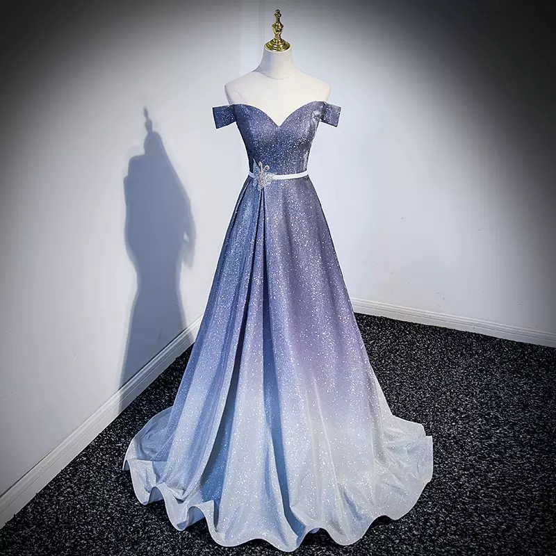 Blue V-neck off shoulder prom dress A-line evening dress