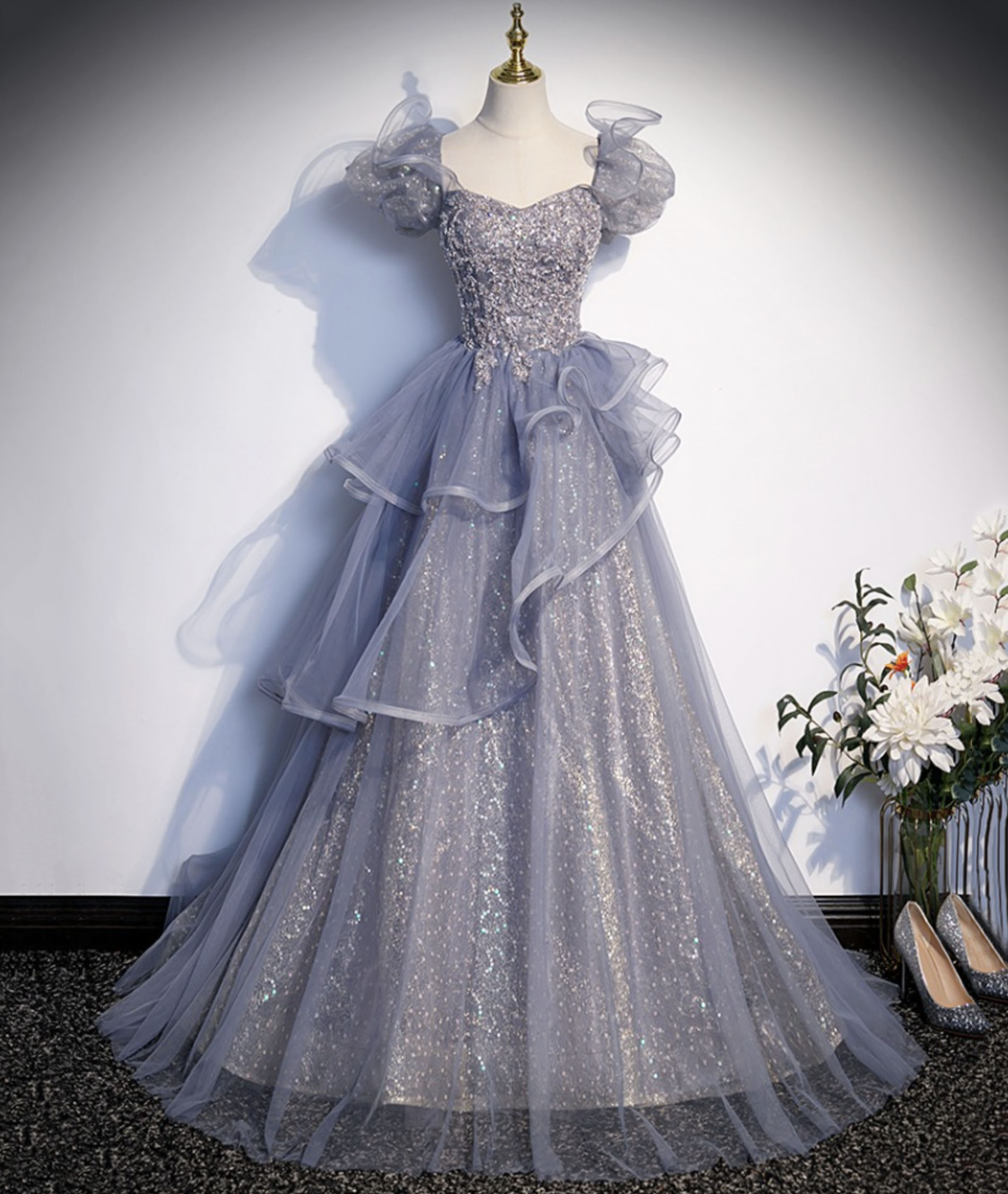 Grey tulle sequins long ball gown A-line evening gown
