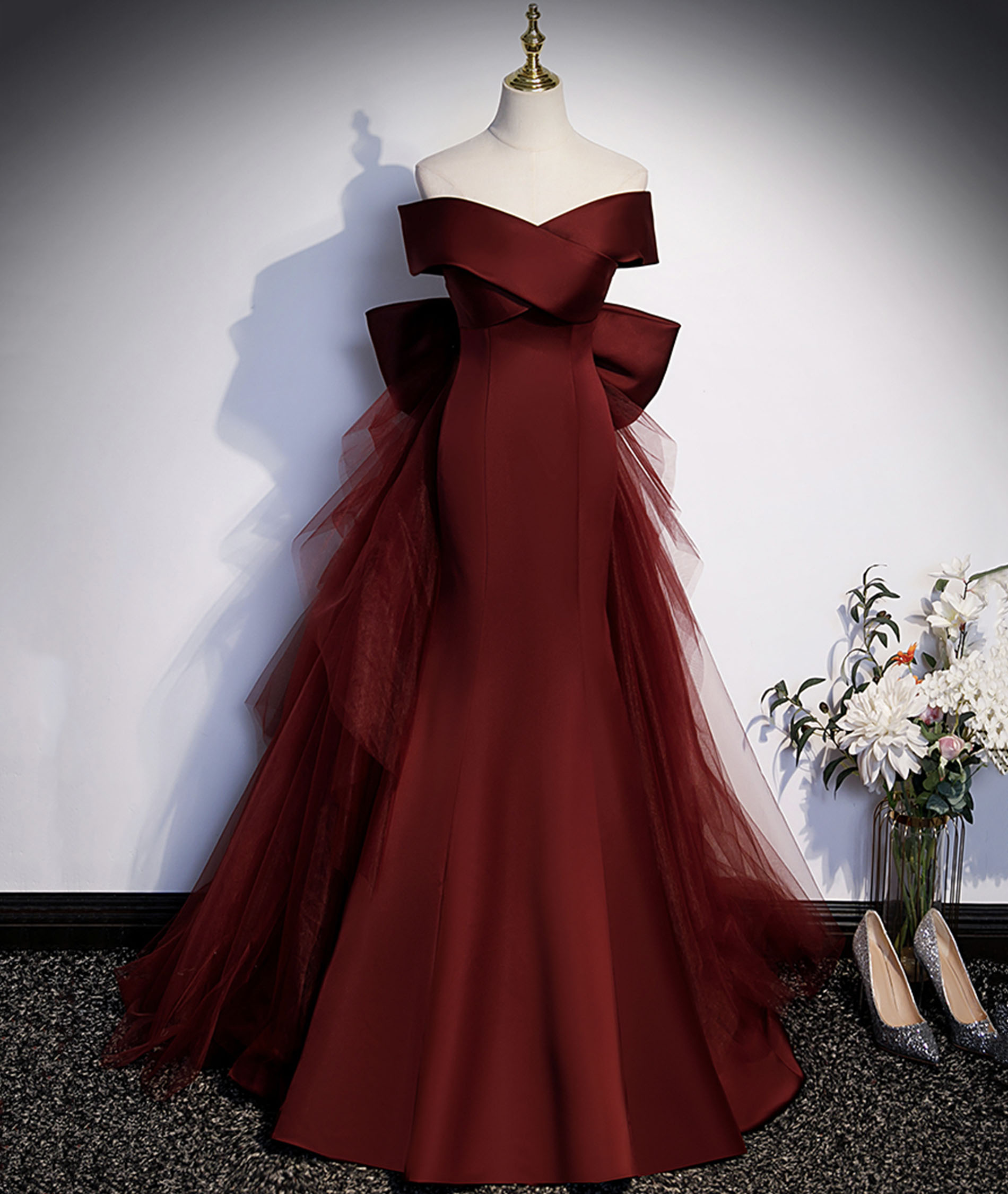 Burgundy satin tulle long prom dress evening dress