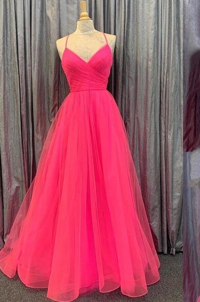 A-line Hot Pink V Neck Long Tulle Prom Dress