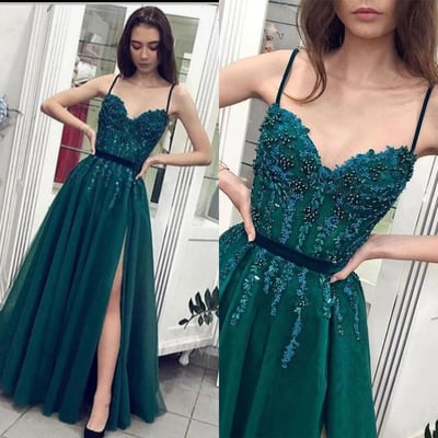 Prom dresses green spaghetti straps with appliques beaded - Thumbnail 3