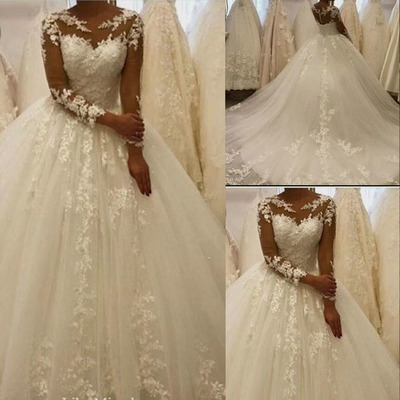 Sheer Neck Wedding Dresses Bridal Gown with Sleeves Appliques