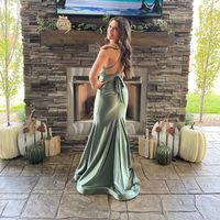 Charming Mermaid V Neck Sage Green Silk Satin Long Bridesmaid Dresses - Thumbnail 1