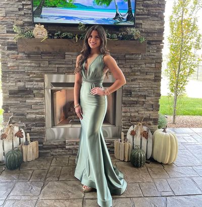 Charming Mermaid V Neck Sage Green Silk Satin Long Bridesmaid Dresses