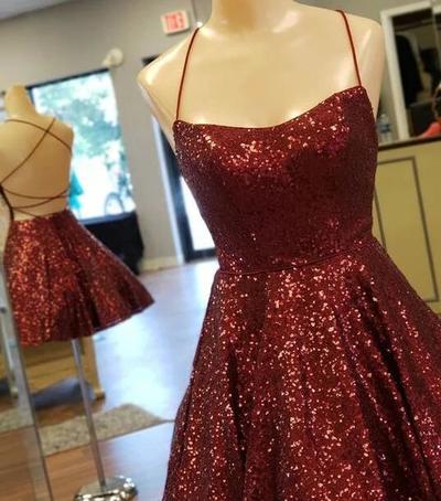A Line Burgundy Sequins Criss Cross Back Short Homecoming Dress