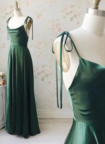 Simple A Line Green Satin Long Prom Bridesmaid Dress