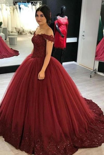 Mermaid Burgundy Ball Gown Off-the-Shoulder Tulle Party Dress with Lace Appliques