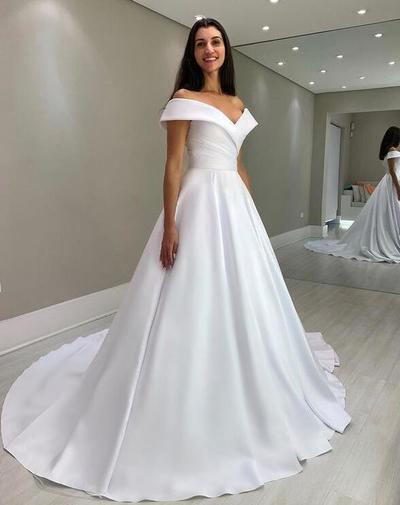 Off Shoulder Mermaid White Sleeveless Satin Bride Dress with Train
