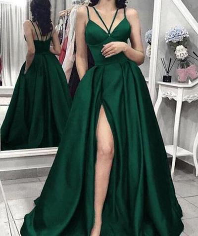 A line straps dark green split long prom dress