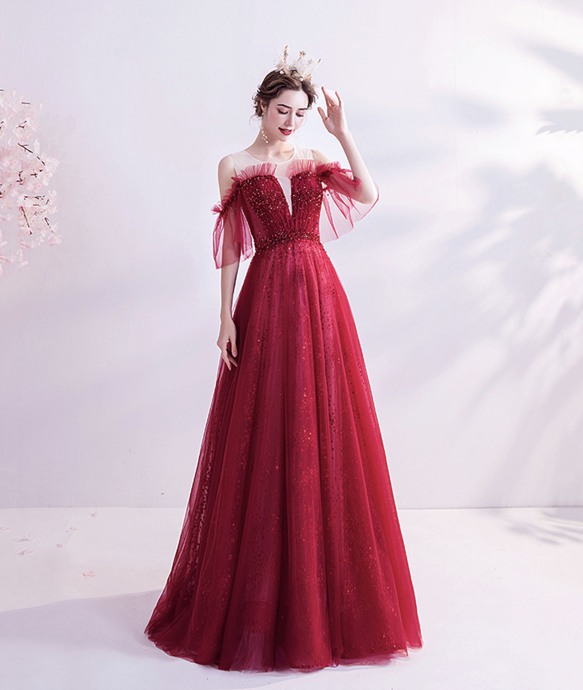Burgundy tulle sequins long prom dress A-line evening dress