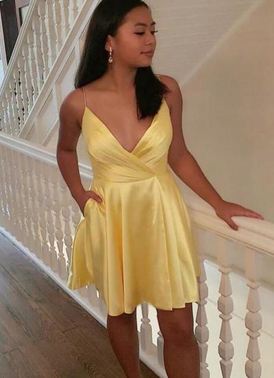 Cute Spaghetti Straps A Line V Neck Satin Short Homecoming Dresses