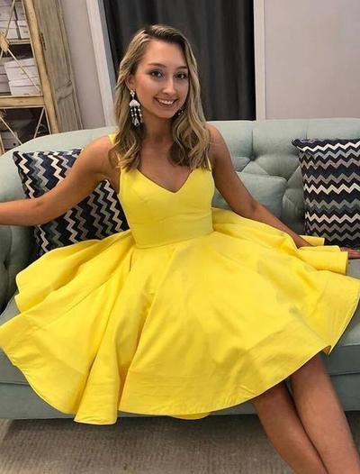 Cute A Line V Neck Short Yellow Prom Dresses