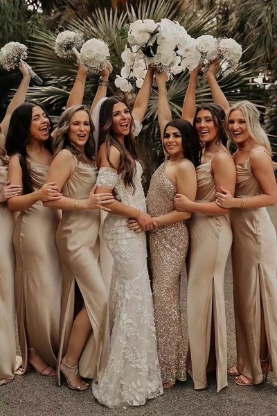 Champagne Bridesmaid Dresses under 100 Silk Slit Side