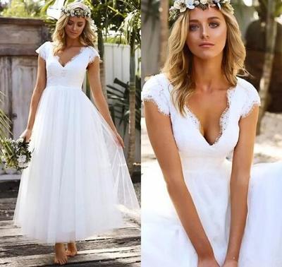 Tea length V neck Lace Wedding Dress With Cap Sleeves