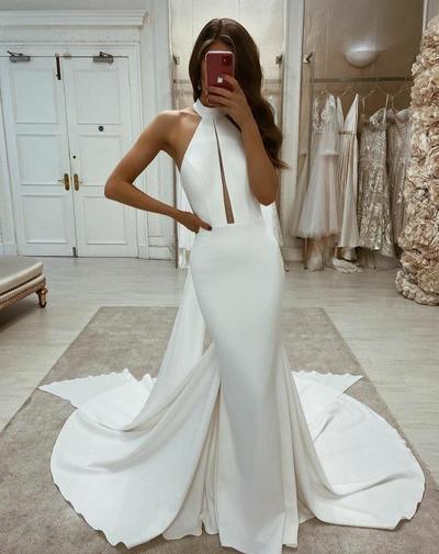 Mermaid halter neck satin ivory wedding dress