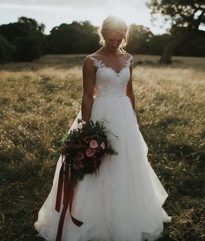 A Line Scoop Sheer Neck Illusion Bridal Gowns With Lace Appliques