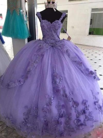 Elegant long purple tulle lace applique prom dresses