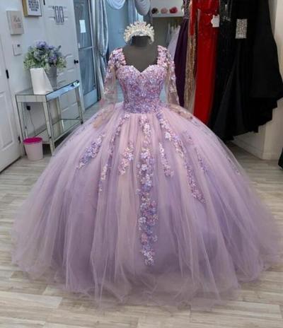 Vintage Ball Gown Lavender Lace Tulle Prom Dresses
