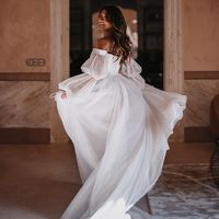 Fairy A Line Off the Shoulder Tulle Wedding Dresses with Long Sleeves - Thumbnail 1