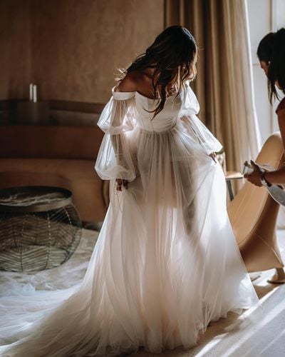 Fairy A Line Off the Shoulder Tulle Wedding Dresses with Long Sleeves