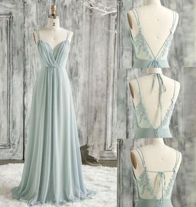 A Line mint green v back chiffon prom dress