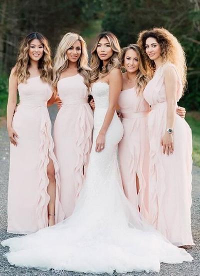 Simple One Shoulder Slit Pink Bridesmaid Dress