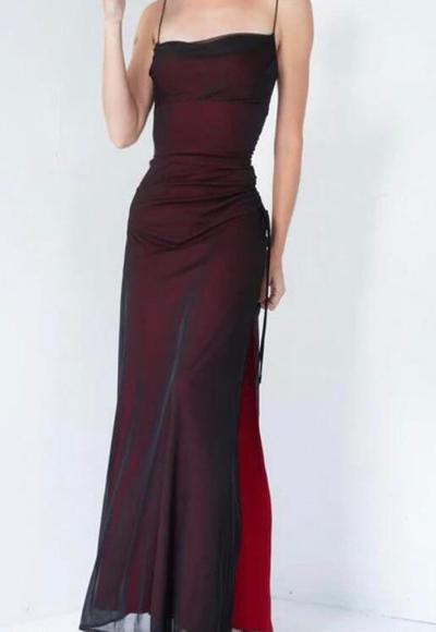 A Line Spaghetti Straps Side Slit Backless Prom Dresses