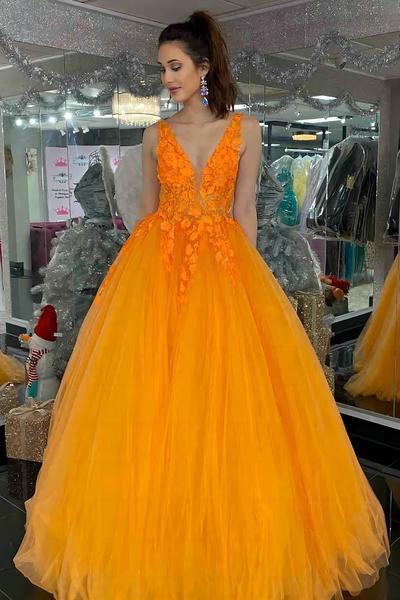 SP2229,Gorgeous Orange Tulle Prom Dresses,V-Neck Floral Applique Long Evening Dresses