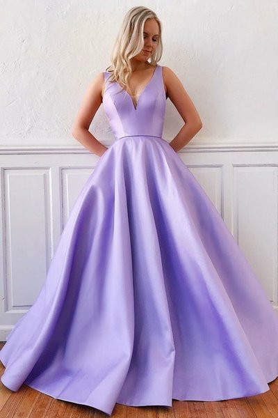 SP2207,Simple v neck purple satin long prom dress purple long formal dress