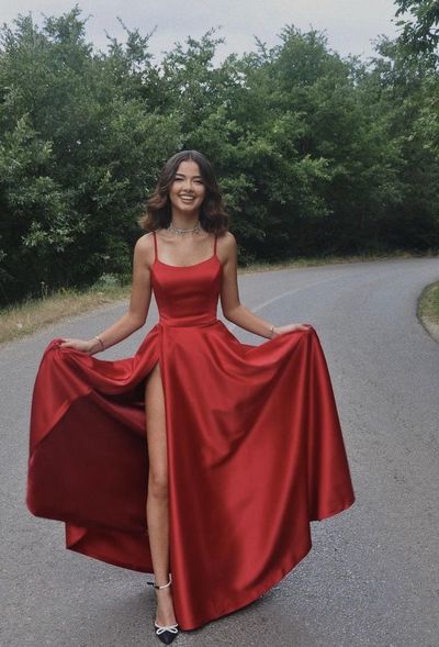 SP2200,Spaghetti Straps Satin Simple Long Prom Dresses Red Back to School Dress