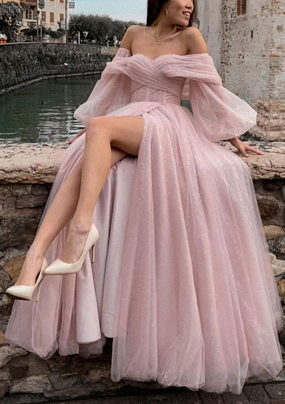 SP1199,Princess off the shoulder pink long prom dresses,bubble sleeves evening party gown