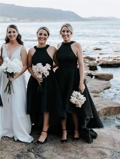 High Neck Bridesmaid Dresses Hi Low Black