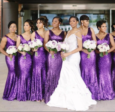 Purple V Neck Bridesmaid Dresses Sequins Floor Length BD6