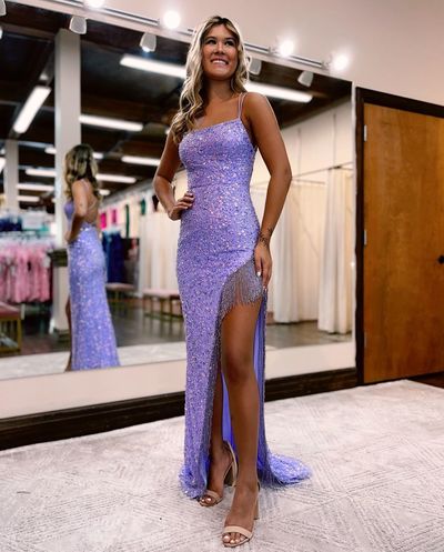 Sparkly Sheath V Neck Lavender Sequins Long Prom Dresses with Beading