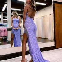 Sparkly Sheath V Neck Lavender Sequins Long Prom Dresses with Beading - Thumbnail 1